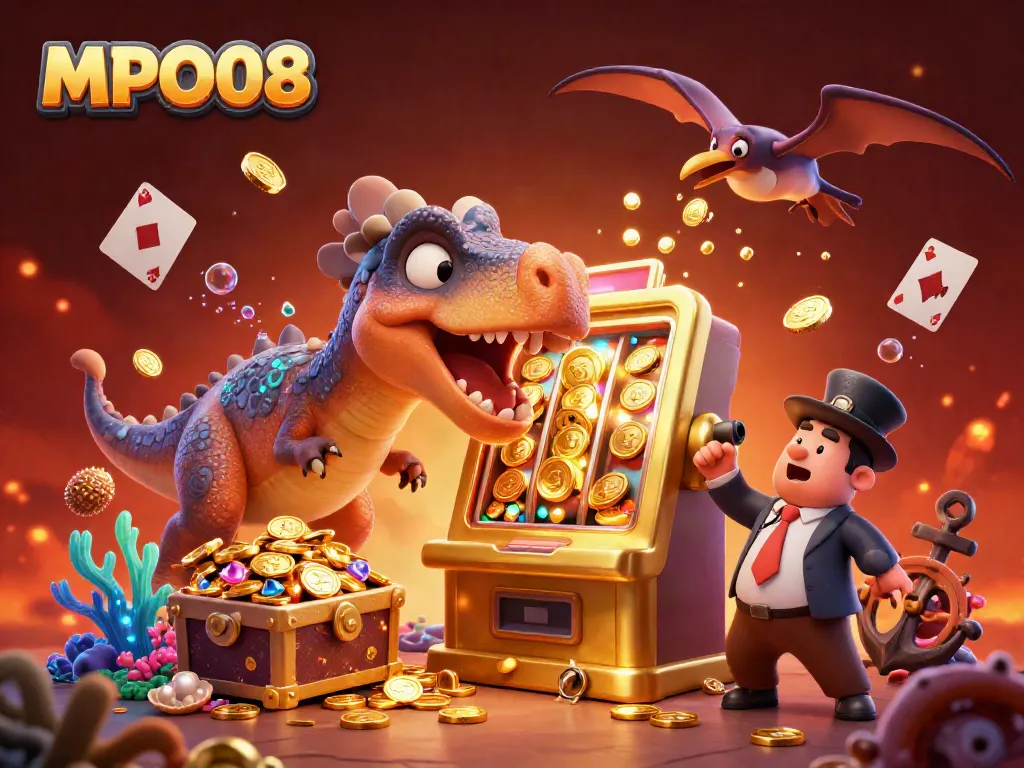 MPO08 reveals vibrant 3D art of a pachycephalosaurus triggering a slot machine jackpot, capturing the excitement of online gaming.
