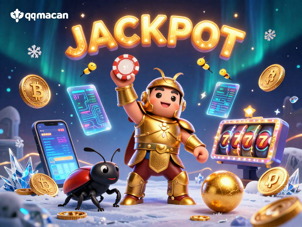 Experience the excitement of qqmacan with a vibrant 3D scene depicting a victorious beetle champion amidst Bitcoin and slot symbols.