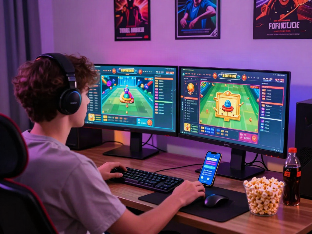 Exciting togel online gaming session with vibrant graphics and dual monitors in a cozy environment.