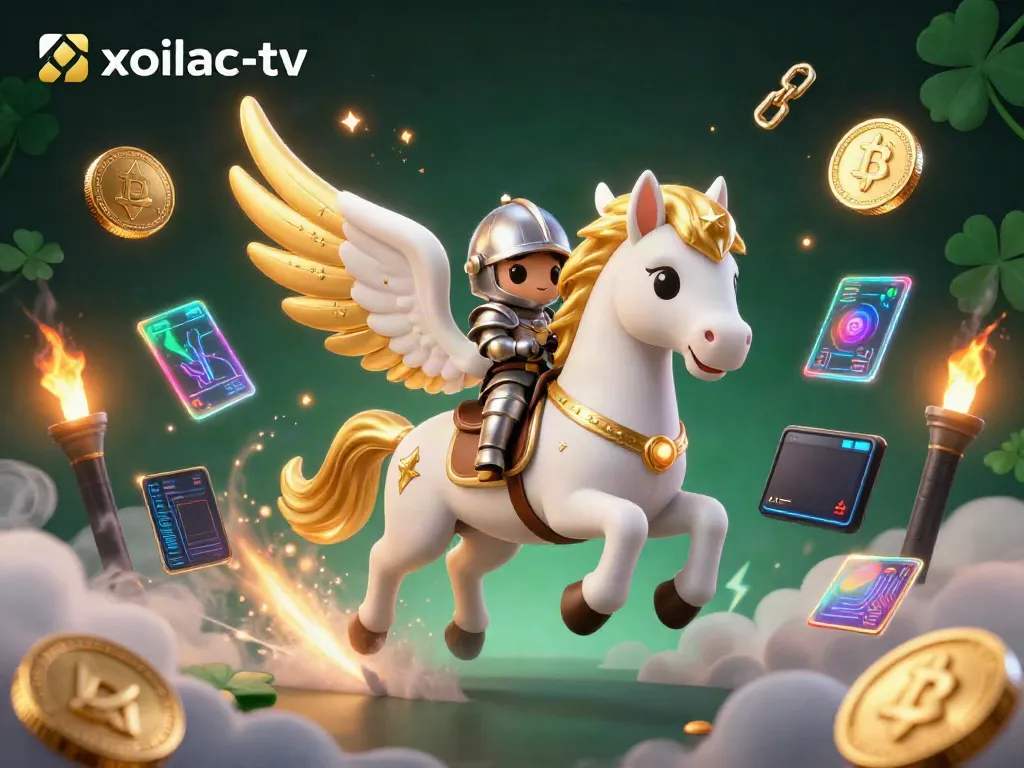 Xoilac-TV promotes excitement with a celestial horse and knight among glowing crypto coins.
