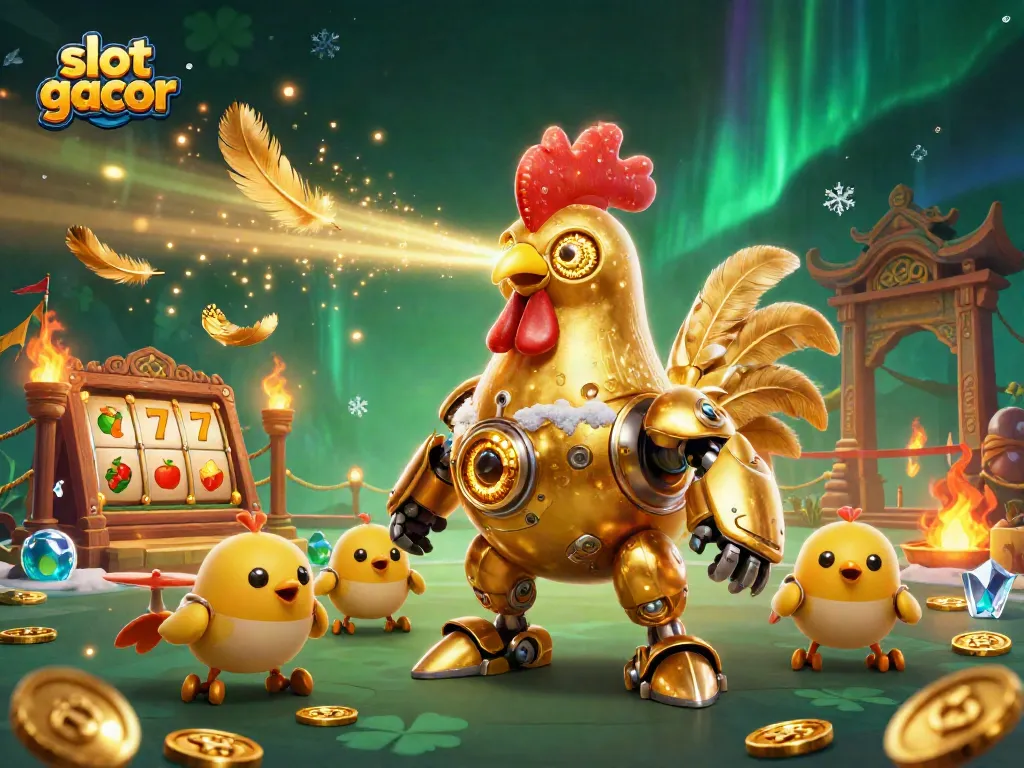 Engage in thrilling slot gacor excitement with a gold rooster robot and whimsical drones!