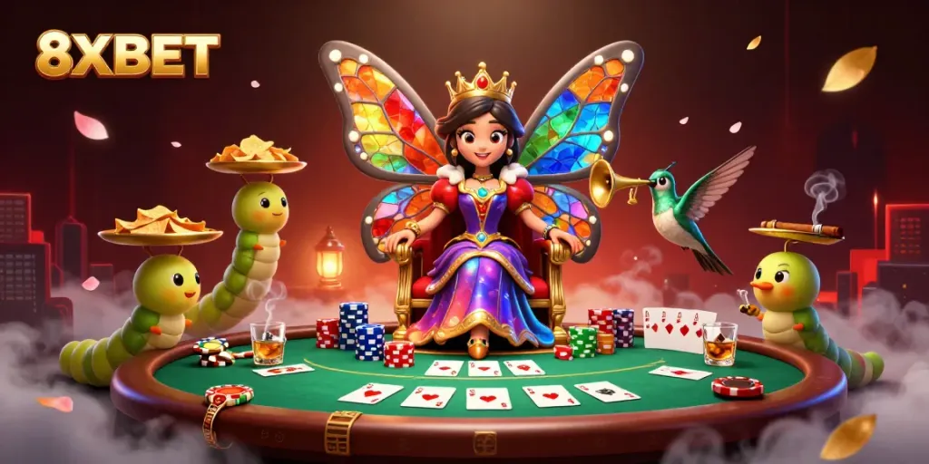 Experience vibrant 8XBET gaming with a butterfly queen, poker scene, and rich casino elements.