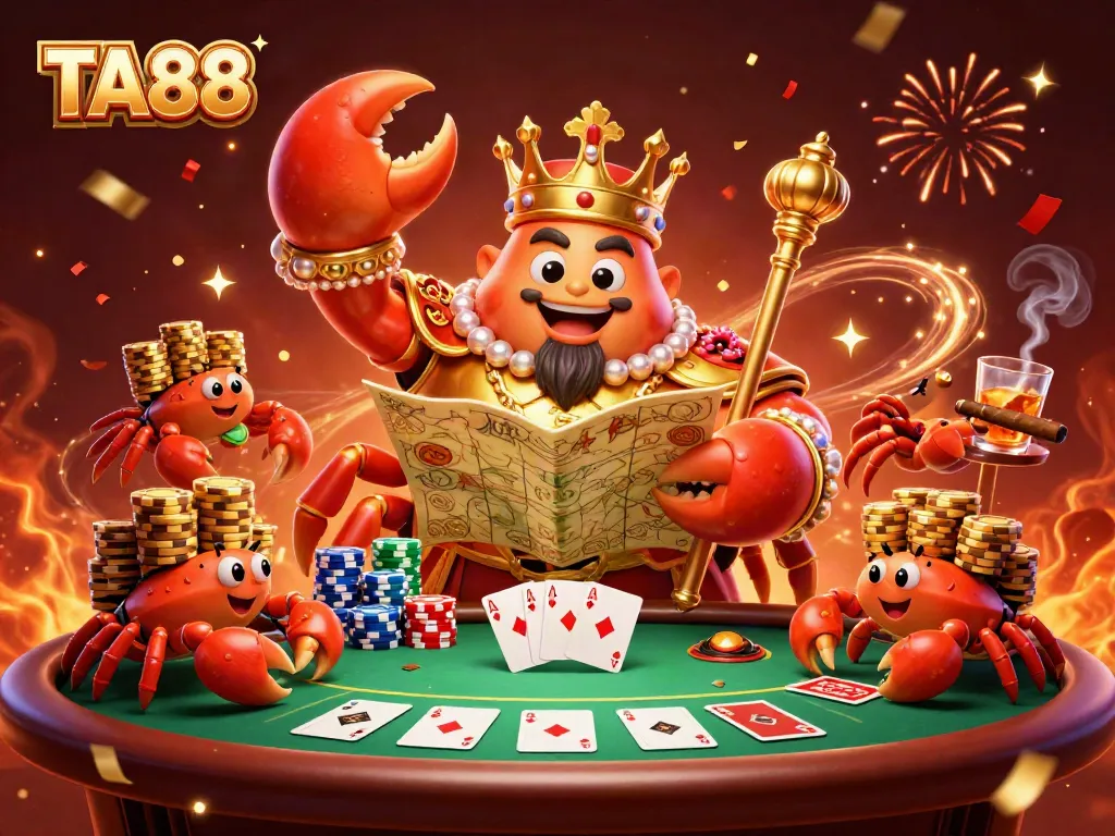 TA88 offers a vibrant poker scene featuring a golden crab emperor with treasure maps and chips, celebrating wins.