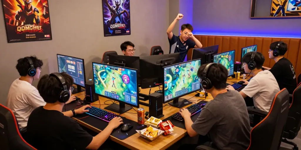Players enjoying an exciting QQMacan gaming tournament in a vibrant lounge setting.