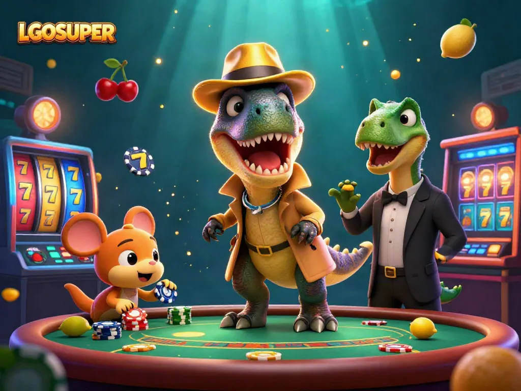 LGOSUPER captivates players at a dynamic blackjack table with colorful slot reels and elusive pickpockets.