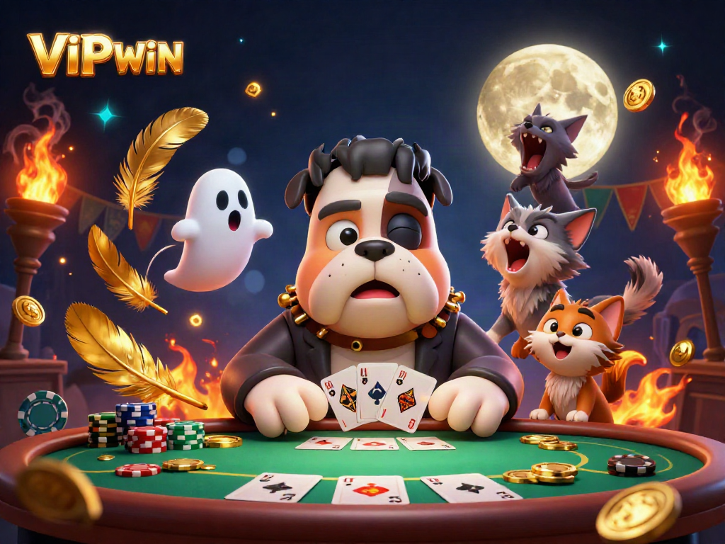 VIPWIN casino scene featuring vibrant characters, poker elements, and dynamic gaming atmosphere.