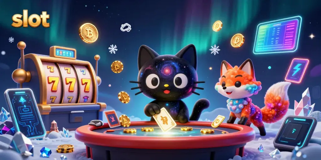 Permainan slot di kasino bergaya kosmik yang menampilkan kucing hitam dan rubah nebula dengan chip emas.