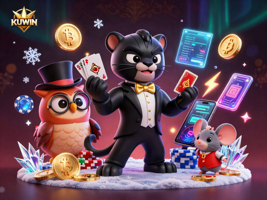 Deal cards with KUWIN charm in a vibrant online casino scene featuring playful characters.