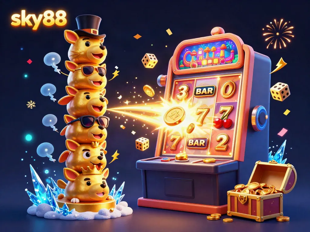 Witness the excitement of sky88 as coins and symbols erupt from a slot machine in a colorful casino scene.