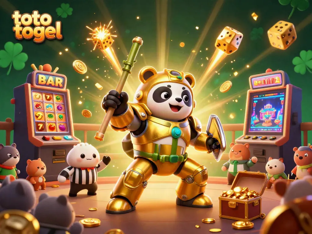 Experience the thrill of toto togel with a vibrant 3D casino battle scene showcasing a golden panda in action.