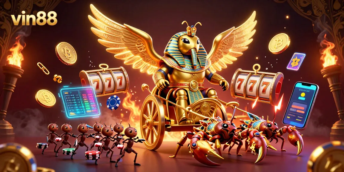 Engage in thrilling gameplay at vin88, featuring a vibrant scene with a golden scarab and dazzling casino elements.