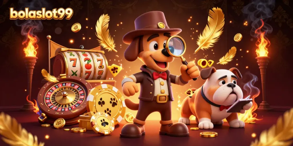 Engage with bolaslot99 in this captivating scene of a detective and bulldog discovering golden casino treasures.