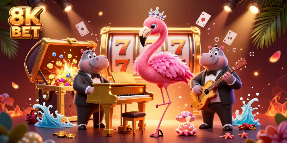 Experience the thrill of 8K BET with lively characters and dynamic gaming elements in a vibrant casino scene.