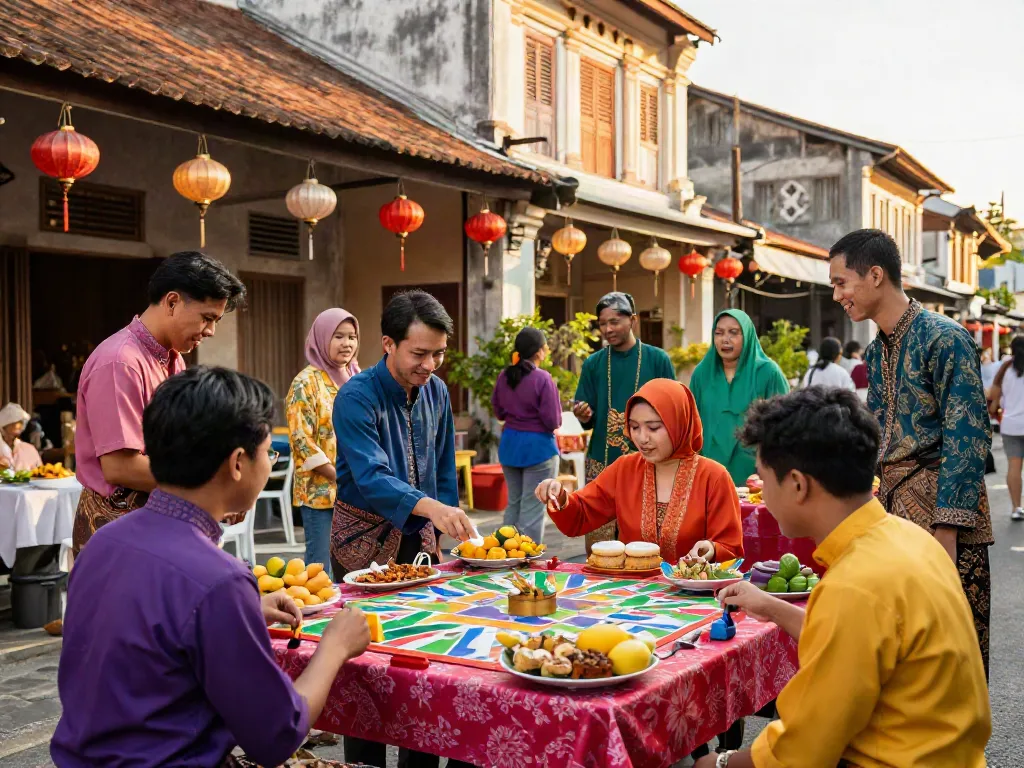 Nyonya4D event with friends in traditional attire celebrating, enjoying local cuisine together.