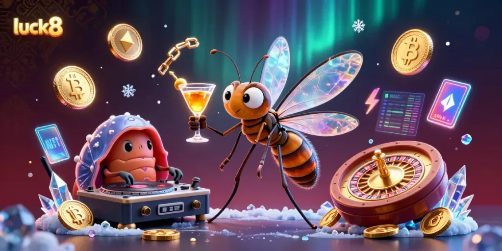 Engage with luck8 as a vibrant frozen mosquito casino mascot, DJ trilobite, and roulette wheel.