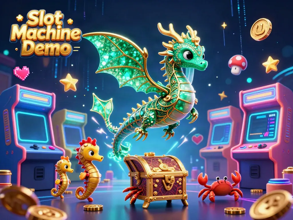 Engage with captivating Slot Machine Demo scenes featuring a sea dragon, arcade machines, and treasure elements.