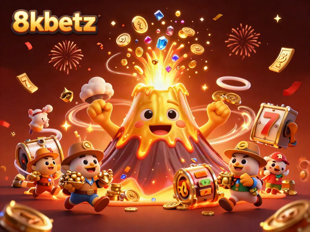 Experience thrilling wins at 8xbetz with vibrant casino elements and a triumphant volcano!